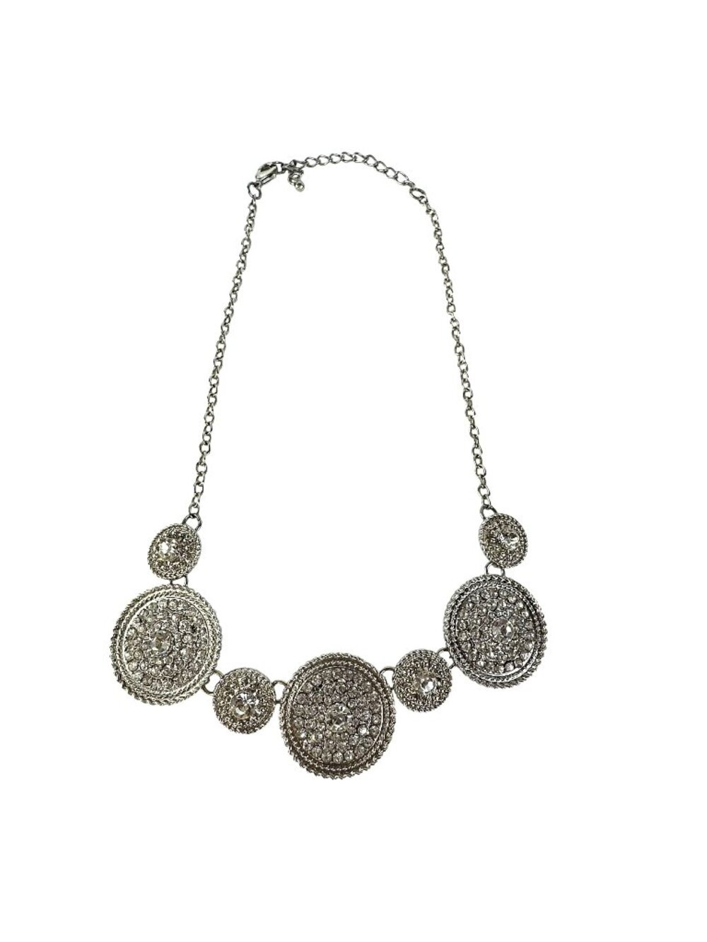Silver Tone Necklace with Round Rhinestone Medallions